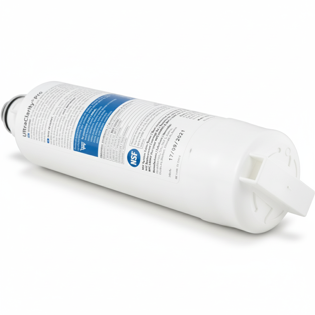 Bosch UltraClarity Pro B18IF905SP  refrigerator water filter cartridge, white cylindrical design with blue label and twist-lock handle end.