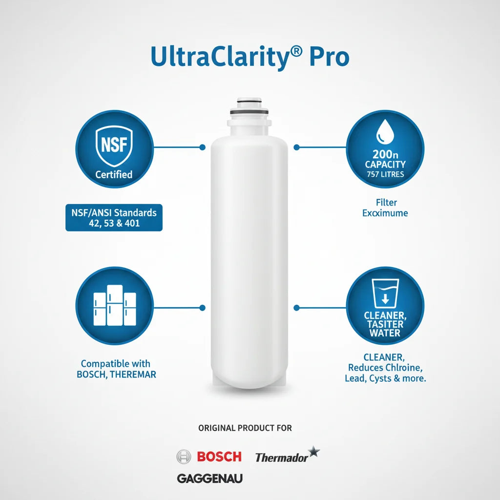 UltraClarity Pro water filter with features and compatibility details on a white background