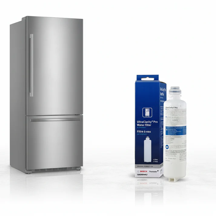 Stainless steel refrigerator with Bosch B30BB935SS Refrigerator water filter and packaging on a white background