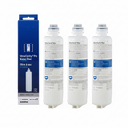 Bosch B30BB935SS Refrigerator UltraClarity Pro water filter 3-pack with retail box packaging and two white replacement cartridges displayed upright.
