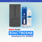 Bosch Model B36CT80SNB UltraClarity Pro water filter cartridge and its blue retail box, shown next to a refrigerator icon on a light blue gradient background with text overlays.