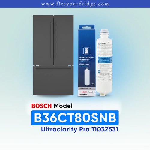 Bosch Model B36CT80SNB UltraClarity Pro water filter cartridge and its blue retail box, shown next to a refrigerator icon on a light blue gradient background with text overlays.
