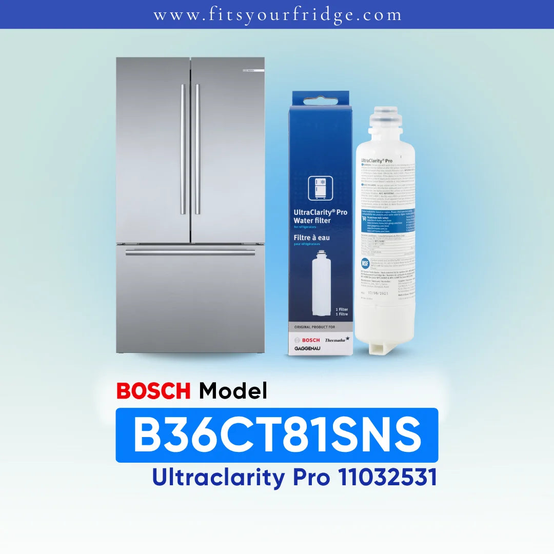 Bosch Model B36CT81SNS UltraClarity Pro water filter cartridge and its blue retail box, shown next to a refrigerator icon on a light blue gradient background with text overlays.