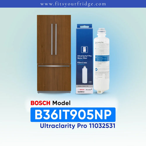 Bosch Model B36IT905NP UltraClarity Pro water filter cartridge and its blue retail box, shown next to a refrigerator icon on a light blue gradient background with text overlays.