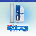 Bosch Model B18IF905SP UltraClarity Pro water filter cartridge and its blue retail box, shown next to a refrigerator icon on a light blue gradient background with text overlays.
