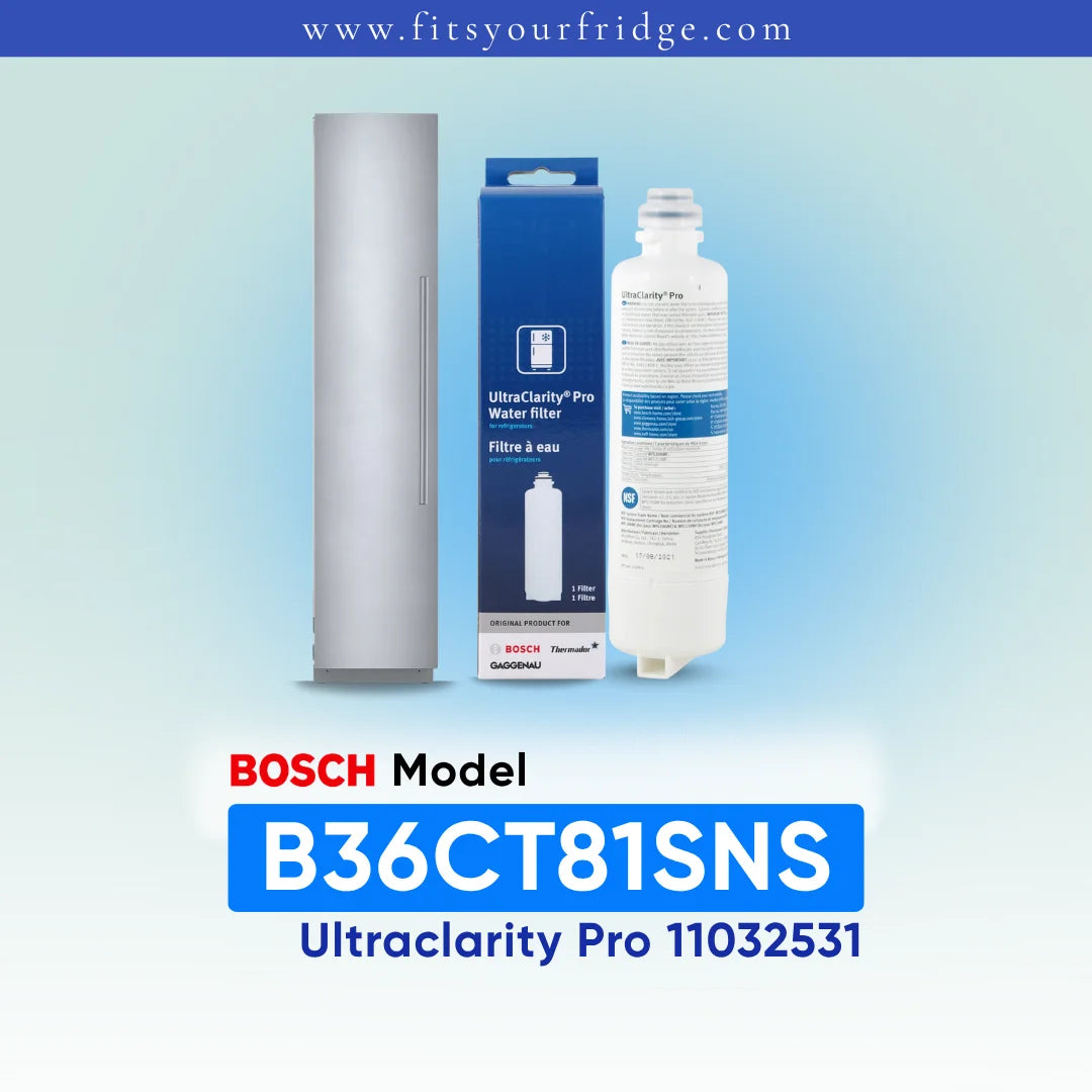 Bosch Model B18IF905SP UltraClarity Pro water filter cartridge and its blue retail box, shown next to a refrigerator icon on a light blue gradient background with text overlays.