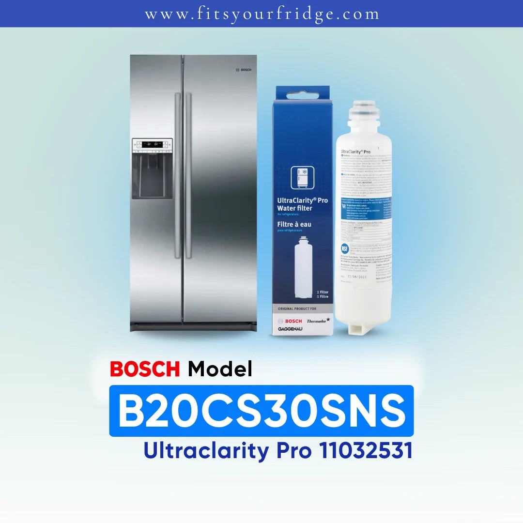 Bosch Model B20CS30SNS UltraClarity Pro water filter cartridge and its blue retail box, shown next to a refrigerator icon on a light blue gradient background with text overlays.