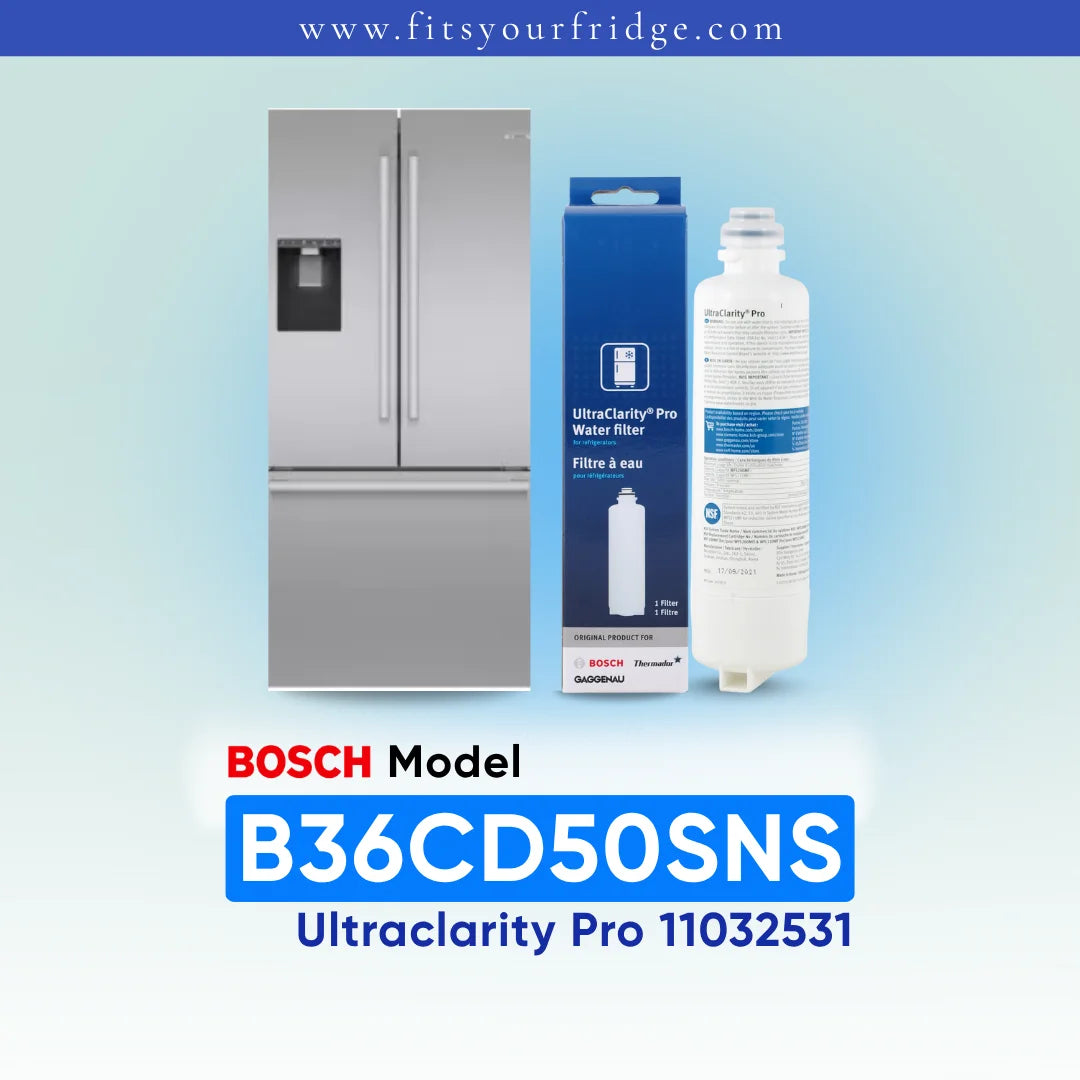 Bosch Model B36CD50SNS UltraClarity Pro water filter cartridge and its blue retail box, shown next to a refrigerator icon on a light blue gradient background with text overlays.