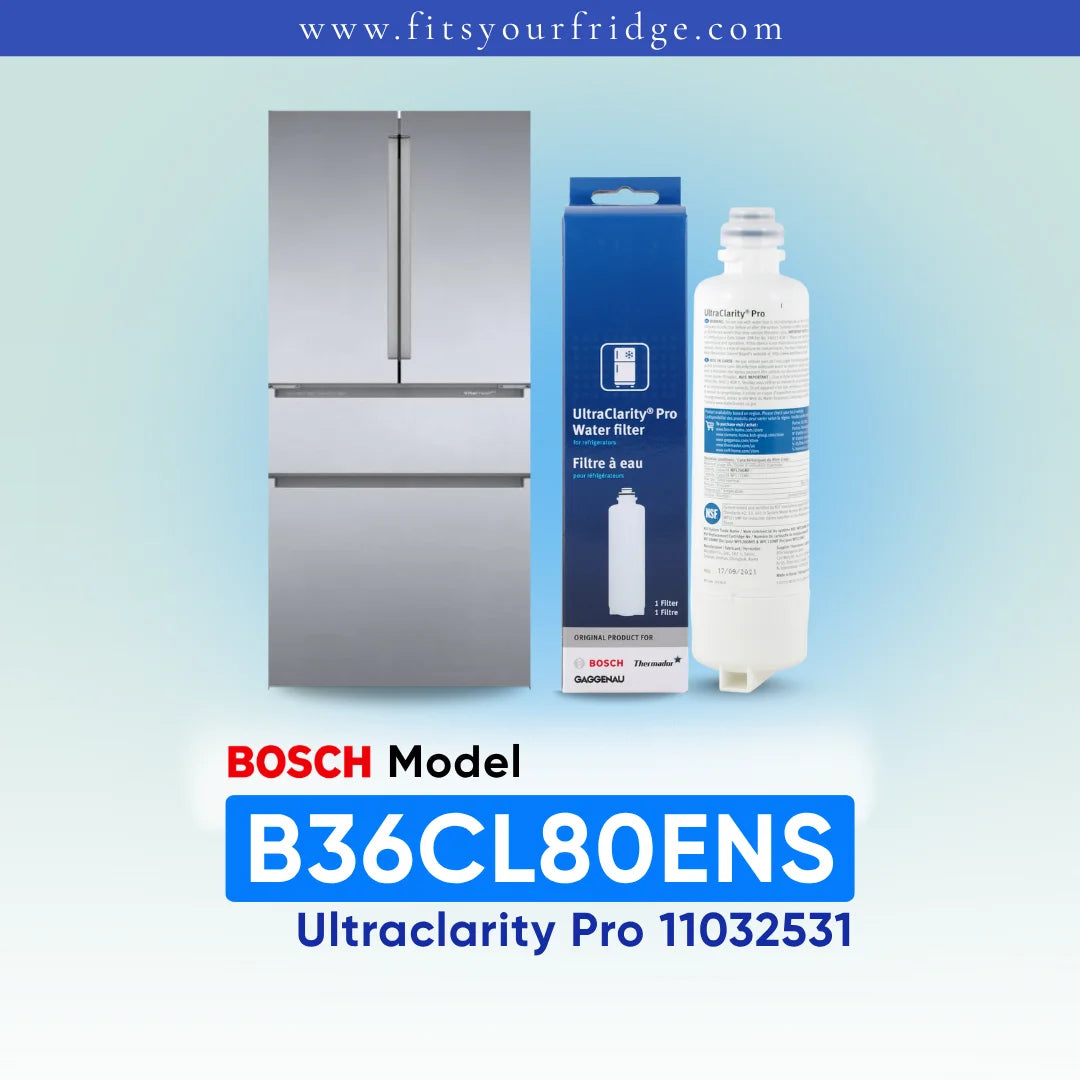 Bosch Model B36CL80ENS UltraClarity Pro water filter cartridge and its blue retail box, shown next to a refrigerator icon on a light blue gradient background with text overlays.