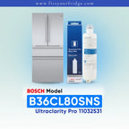 Bosch Model B36CL80SNS UltraClarity Pro water filter cartridge and its blue retail box, shown next to a refrigerator icon on a light blue gradient background with text overlays.
