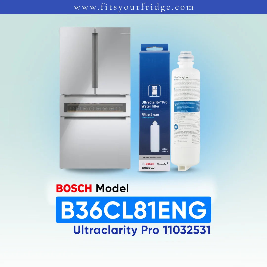 Bosch Model B36CL81ENG UltraClarity Pro water filter cartridge and its blue retail box, shown next to a refrigerator icon on a light blue gradient background with text overlays.