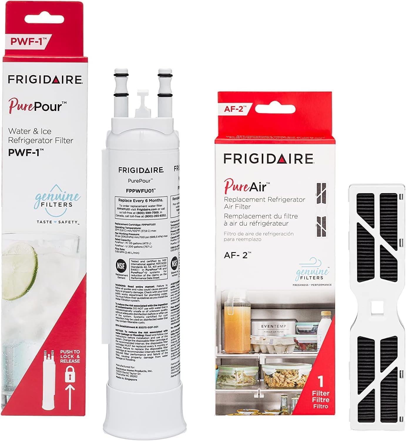 Frigidaire PurePour and PureAir filters packaging on a white background