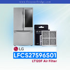 LG refrigerator LFCS27596S01 with air filter packaging on a light blue background