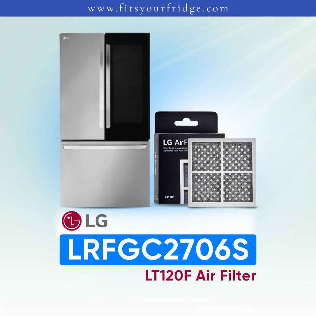 LG refrigerator LRFGC2706S with air filter packaging on a light blue background