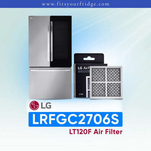 LG refrigerator LRFGC2706S with air filter packaging on a light blue background