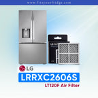 LG refrigerator LRRXC2606S with air filter packaging and product code on a light blue background