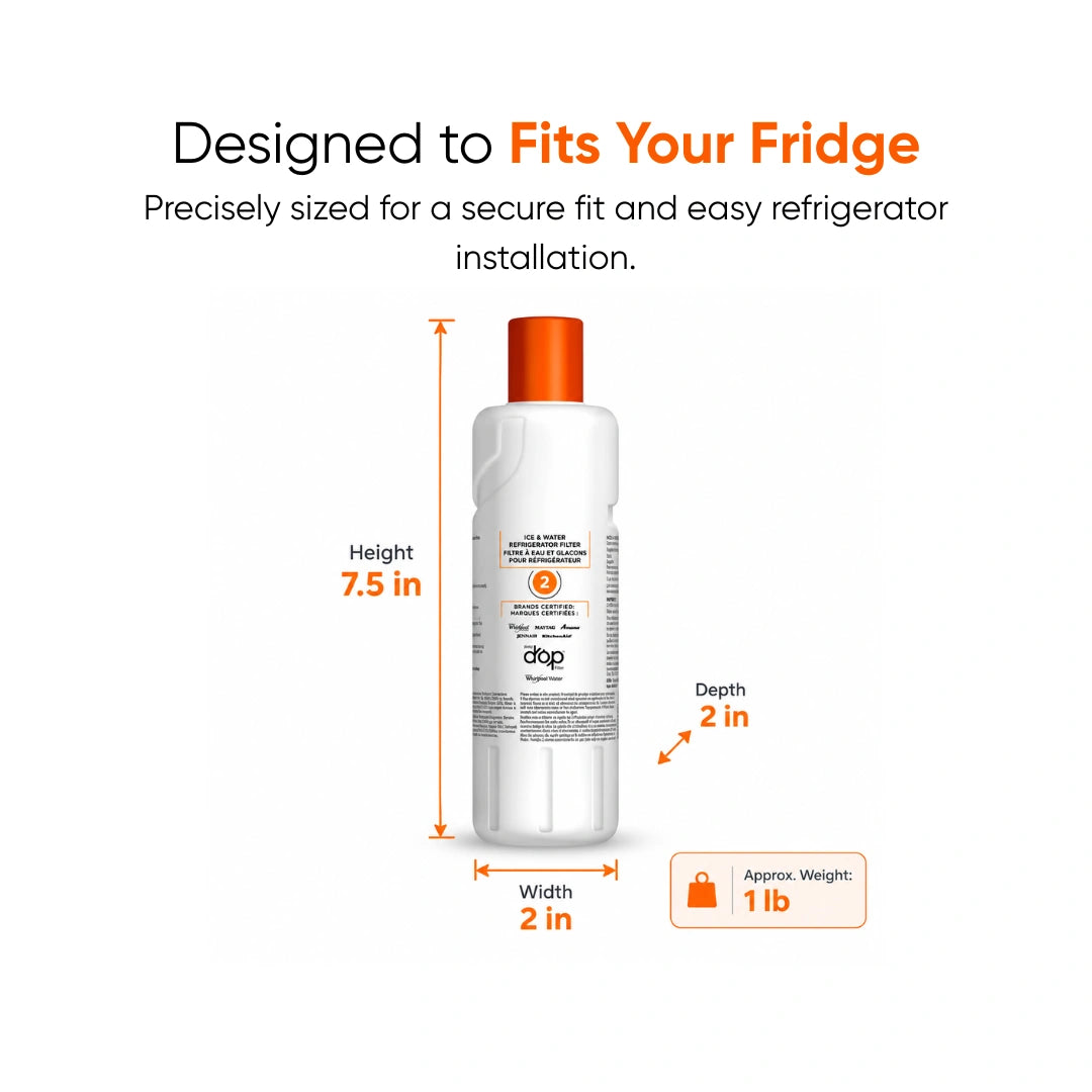 A white refrigerator water filter KFIS29PBMS02 with an orange cap, shown on a white background with text and dimension callouts indicating height 7.5 in, depth 2 in, width 2 in, and approximate weight 1 lb.