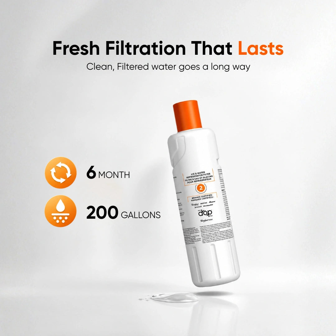 EveryDrop Filter 2 refrigerator water filter  KFIS29PBMS02 delivers 6 months or 200 gallons of filtration capacity for clean, fresh-tasting water.