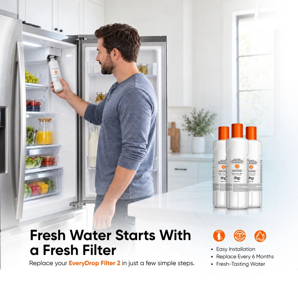 Person replacing a refrigerator water filter, showing installation of an EveryDrop Filter 2 compatible with Mountain Flow MF645.