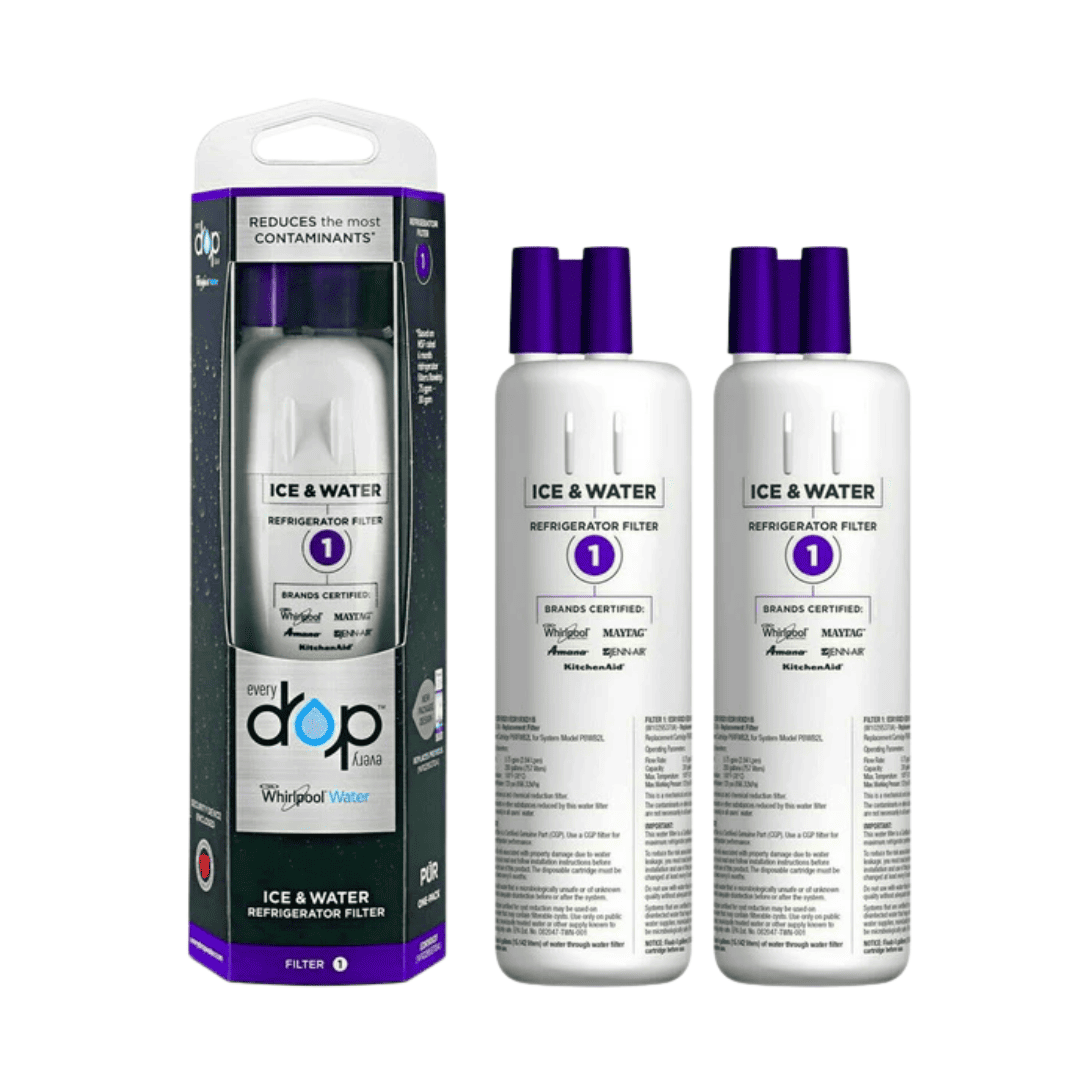 Two ice and water refrigerator filter bottles with packaging on a white background