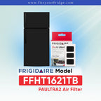 Frigidaire PAULTRA2 Air Filter (FFHT1621TB) replacement filter cartridge shown next to a black refrigerator on a light blue gradient background with Frigidaire branding.