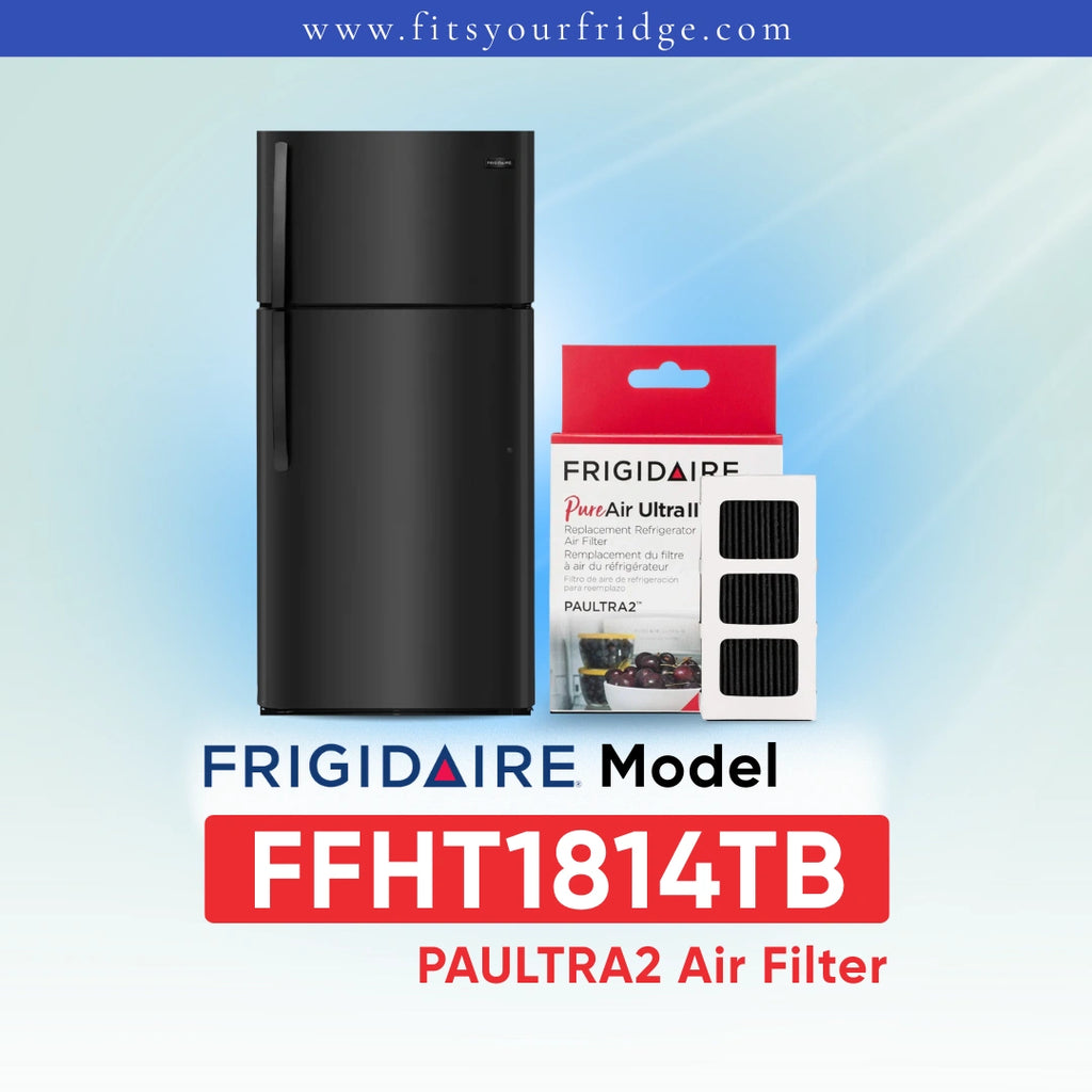 Frigidaire PAULTRA2 Air Filter (FFHT1814TB) replacement filter cartridge shown next to a black refrigerator on a light blue gradient background with Frigidaire branding.