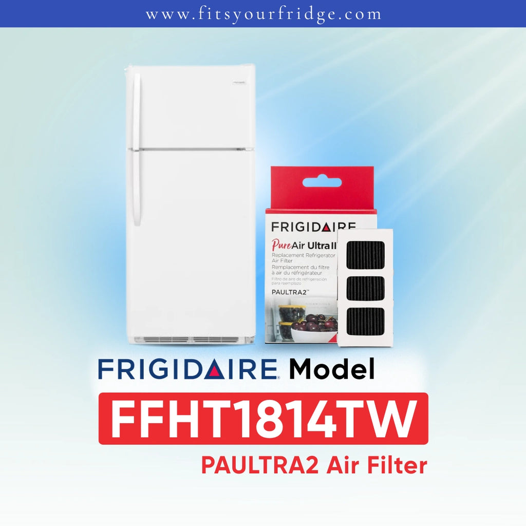Frigidaire PAULTRA2 Air Filter FFHT1814TW shown next to a white refrigerator on a light blue gradient background with Frigidaire branding.