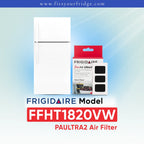 Frigidaire PAULTRA2 Air Filter (FFHT1820VW) replacement filter cartridge shown next to a black refrigerator on a light blue gradient background with Frigidaire branding.