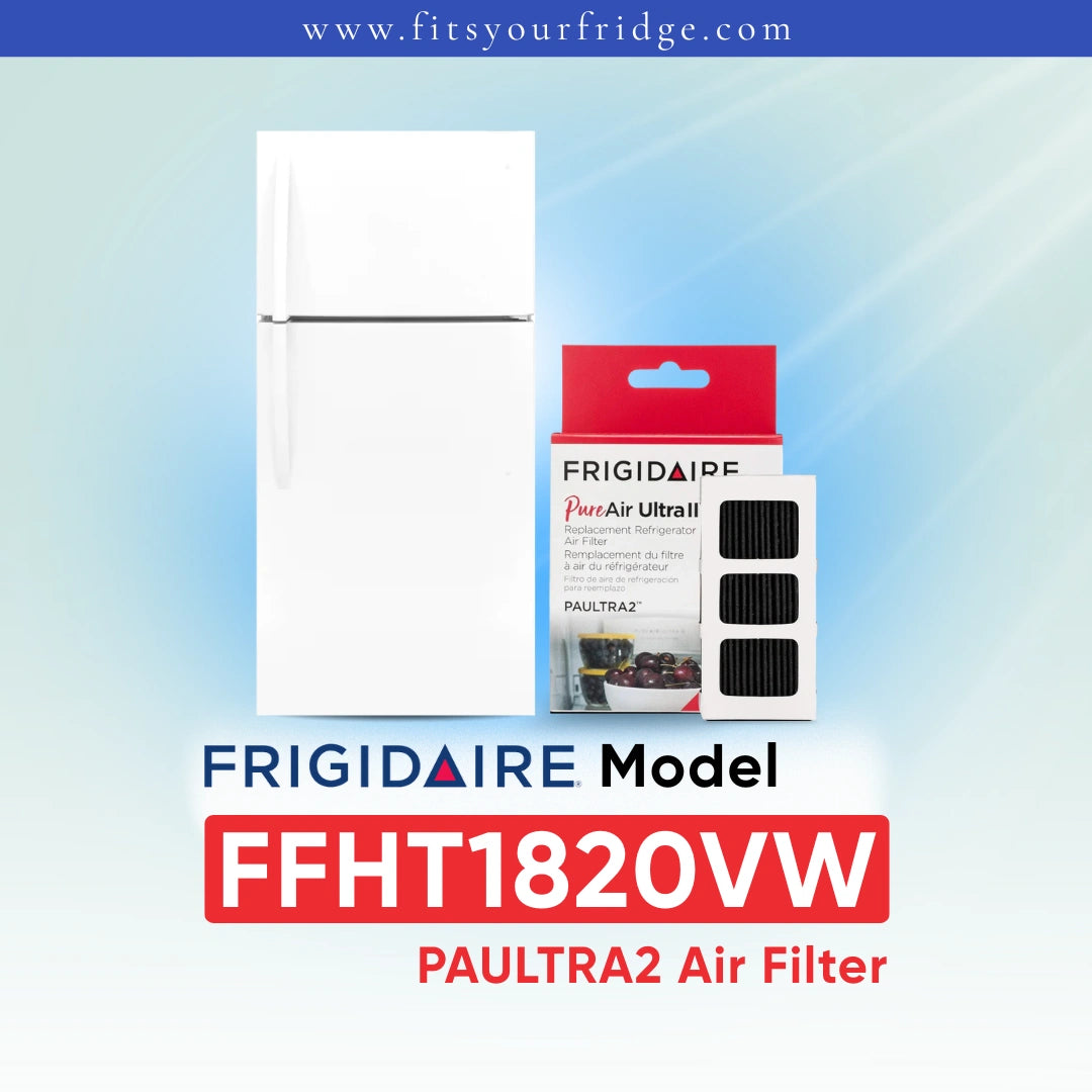Frigidaire PAULTRA2 Air Filter (FFHT1820VW) replacement filter cartridge shown next to a black refrigerator on a light blue gradient background with Frigidaire branding.