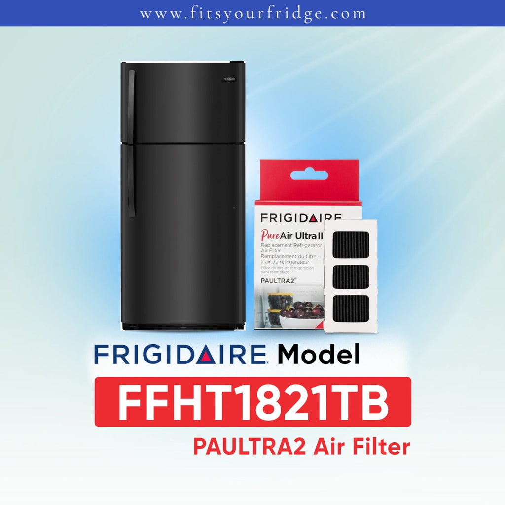 Frigidaire PAULTRA2 Air Filter (FFHT1821TB) replacement filter cartridge shown next to a black refrigerator on a light blue gradient background with Frigidaire branding.
