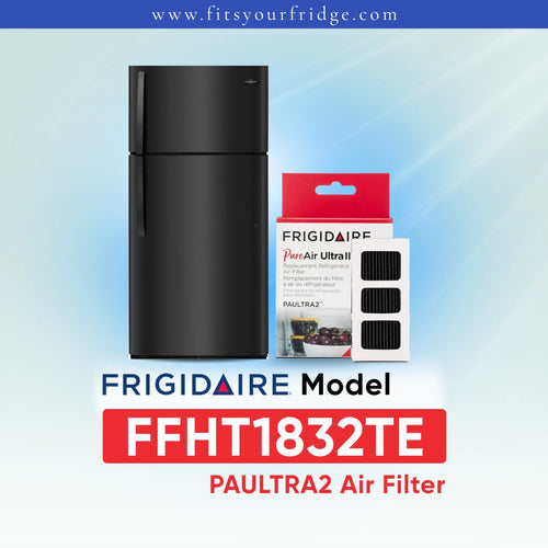 Frigidaire PAULTRA2 Air Filter (FFHT1832TE) shown next to a white refrigerator on a light blue gradient background with Frigidaire branding.