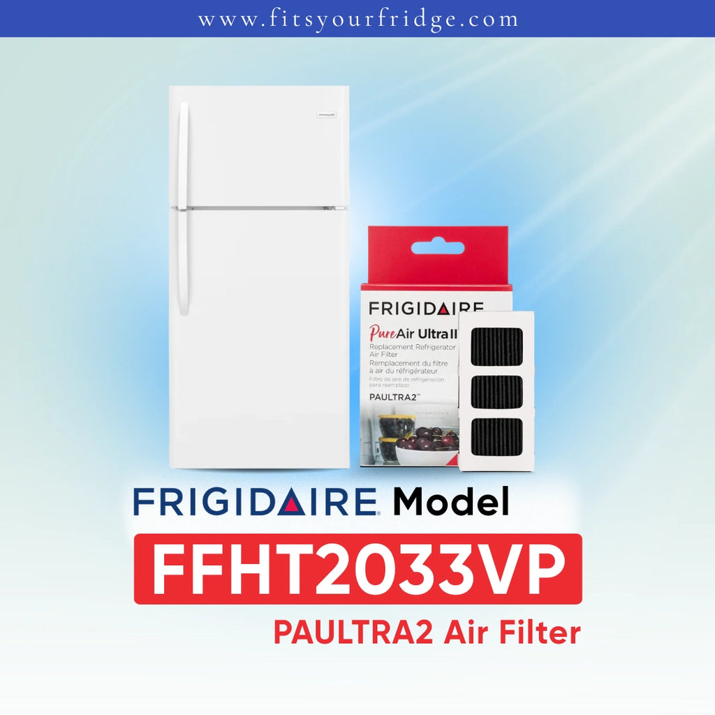 Frigidaire PAULTRA2 Air Filter (FFHT2033VP) shown next to a white refrigerator on a light blue gradient background with Frigidaire branding.