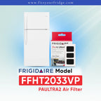 Frigidaire PAULTRA2 Air Filter (FFHT2033VP) shown next to a white refrigerator on a light blue gradient background with Frigidaire branding.