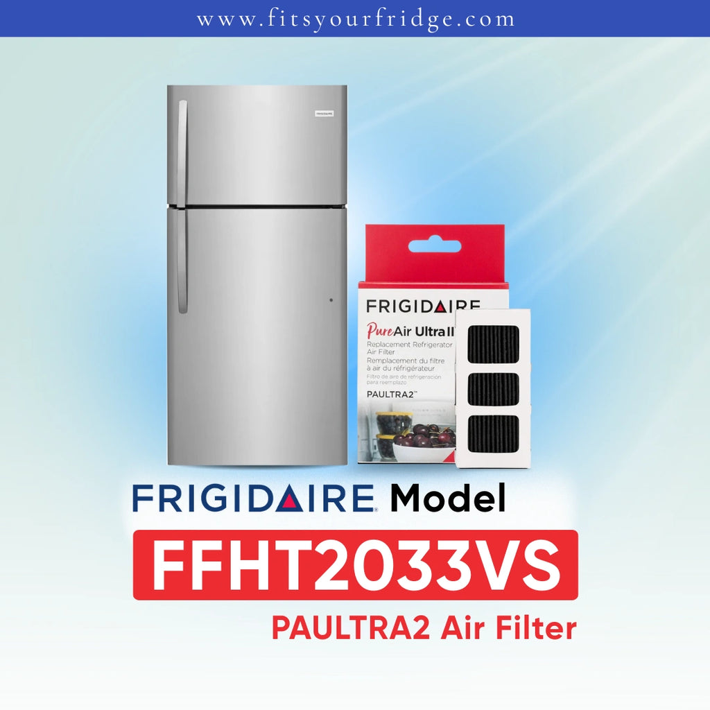 Frigidaire PAULTRA2 Air Filter (FFHT2033VS) shown next to a white refrigerator on a light blue gradient background with Frigidaire branding.