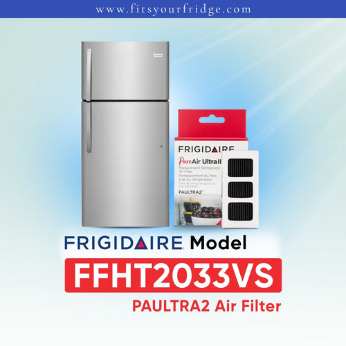 Frigidaire PAULTRA2 Air Filter (FFHT2033VS) shown next to a white refrigerator on a light blue gradient background with Frigidaire branding.