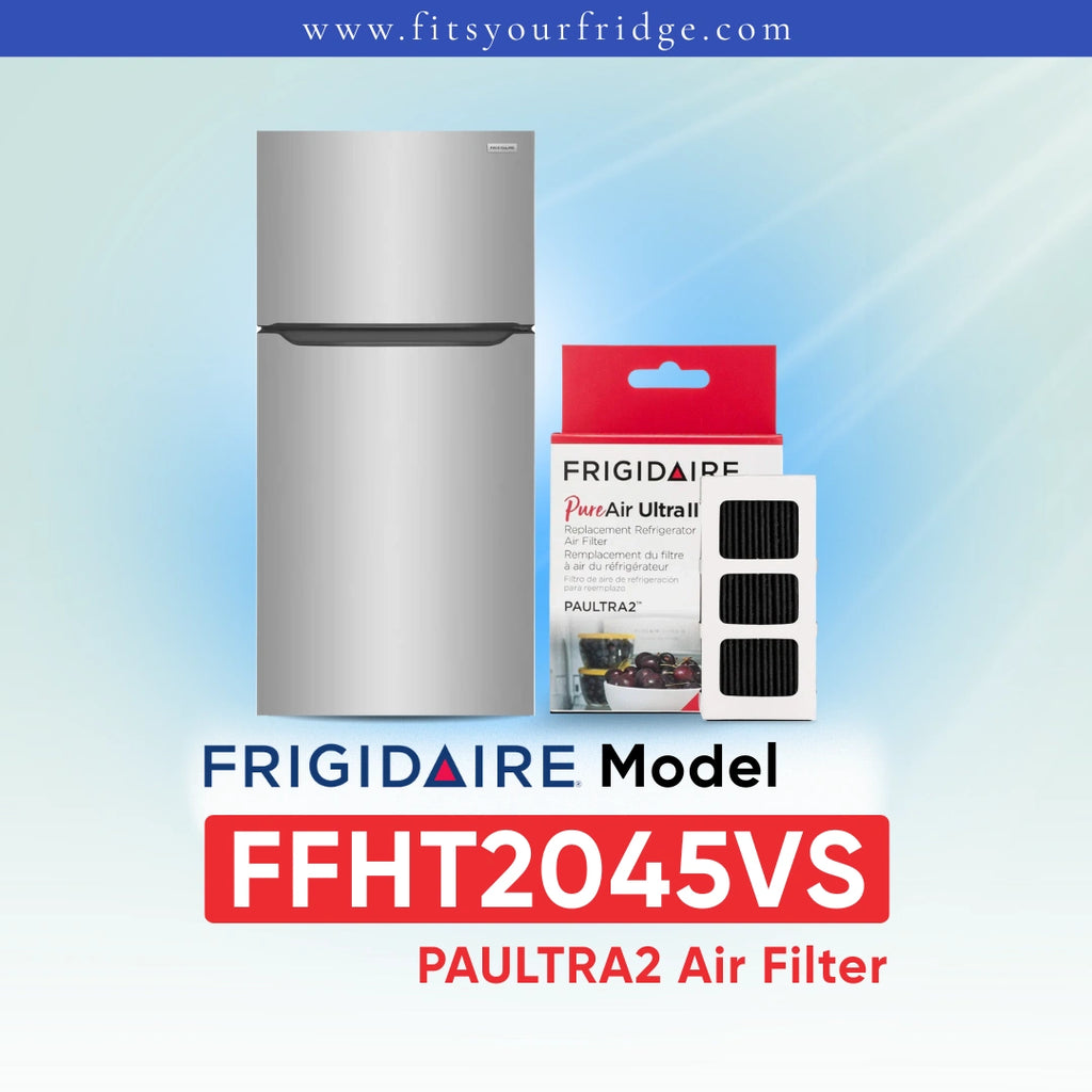 Frigidaire PAULTRA2 Air Filter (FFHT2045VS) shown next to a white refrigerator on a light blue gradient background with Frigidaire branding.