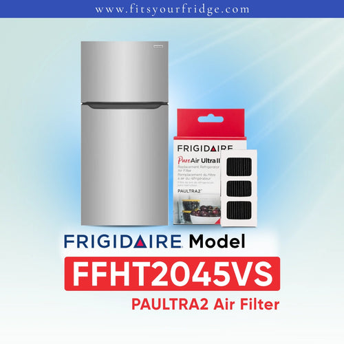 Frigidaire PAULTRA2 Air Filter (FFHT2045VS) shown next to a white refrigerator on a light blue gradient background with Frigidaire branding.