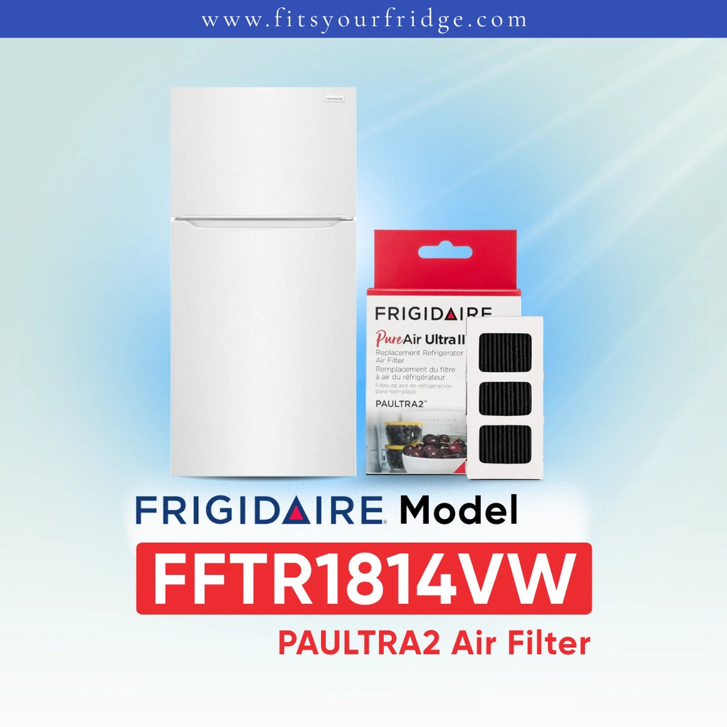 Frigidaire PAULTRA2 Air Filter (FFTR1814VW) shown next to a white refrigerator on a light blue gradient background with Frigidaire branding.