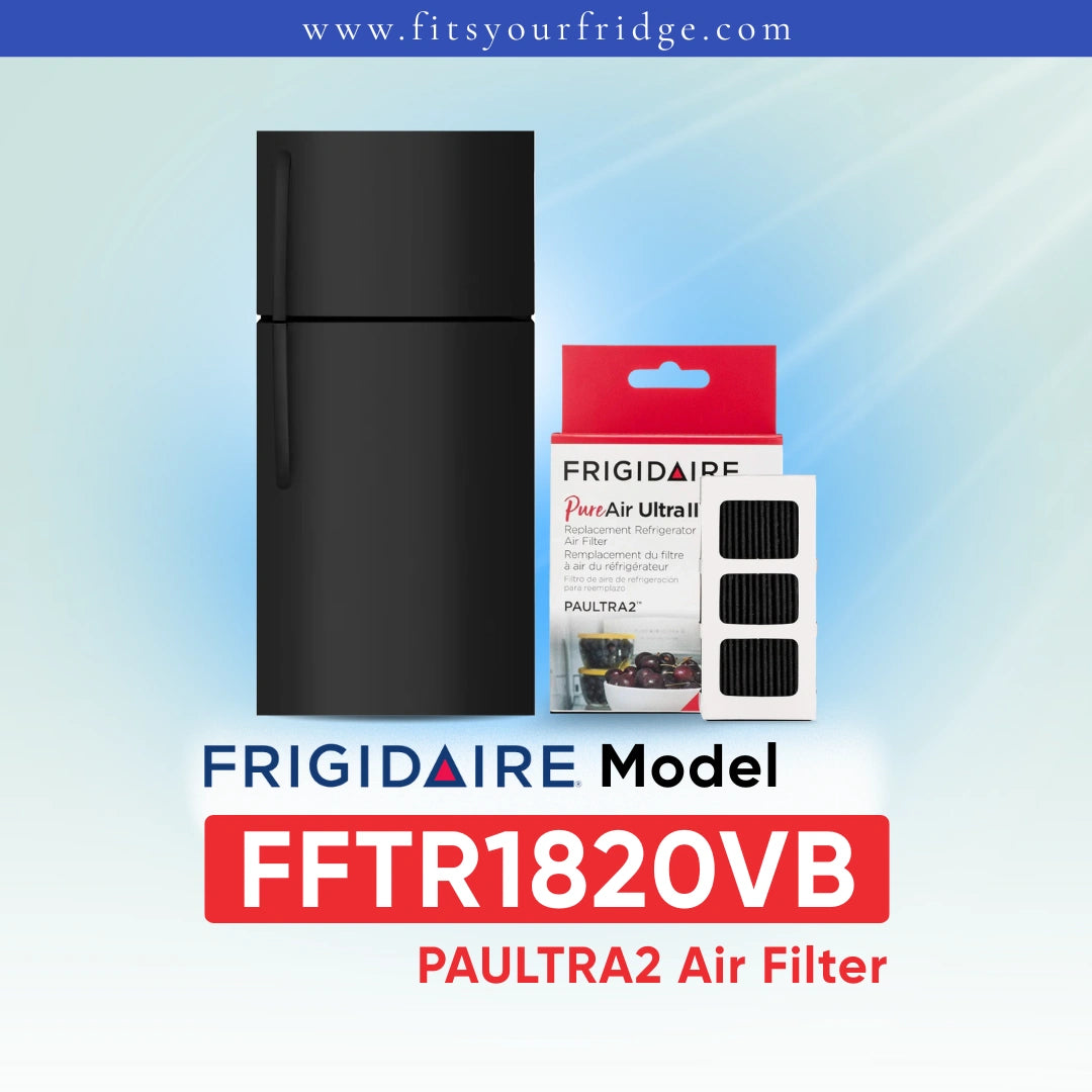 Frigidaire PAULTRA2 Air Filter (FFTR1820VB) shown next to a white refrigerator on a light blue gradient background with Frigidaire branding.