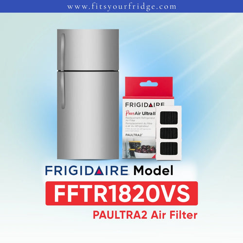 Frigidaire PAULTRA2 Air Filter (FFTR1820VS) shown next to a white refrigerator on a light blue gradient background with Frigidaire branding.