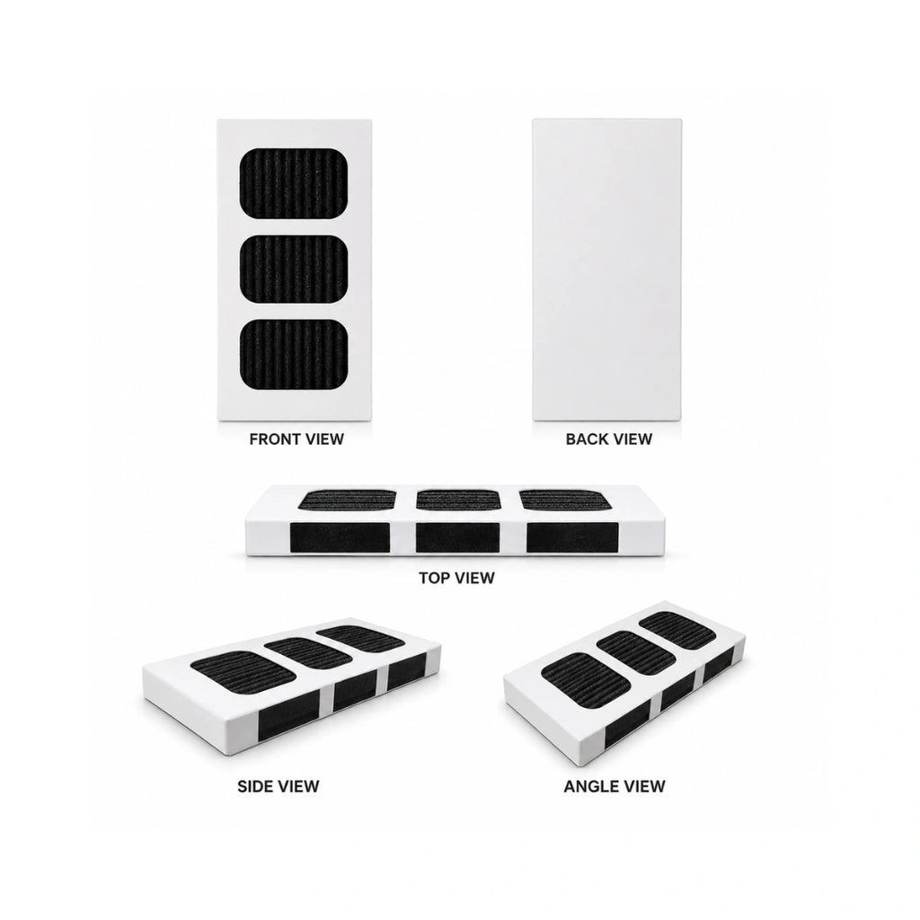 Frigidaire FFTR1820VS PAULTRA2 refrigerator air filter shown from front, back, top, side, and angled views with a white frame and black carbon filter panels.