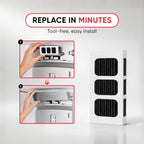 Frigidaire FFTR1820VS PAULTRA2 refrigerator air filter replacement showing tool-free installation steps and an easy filter change in minutes.