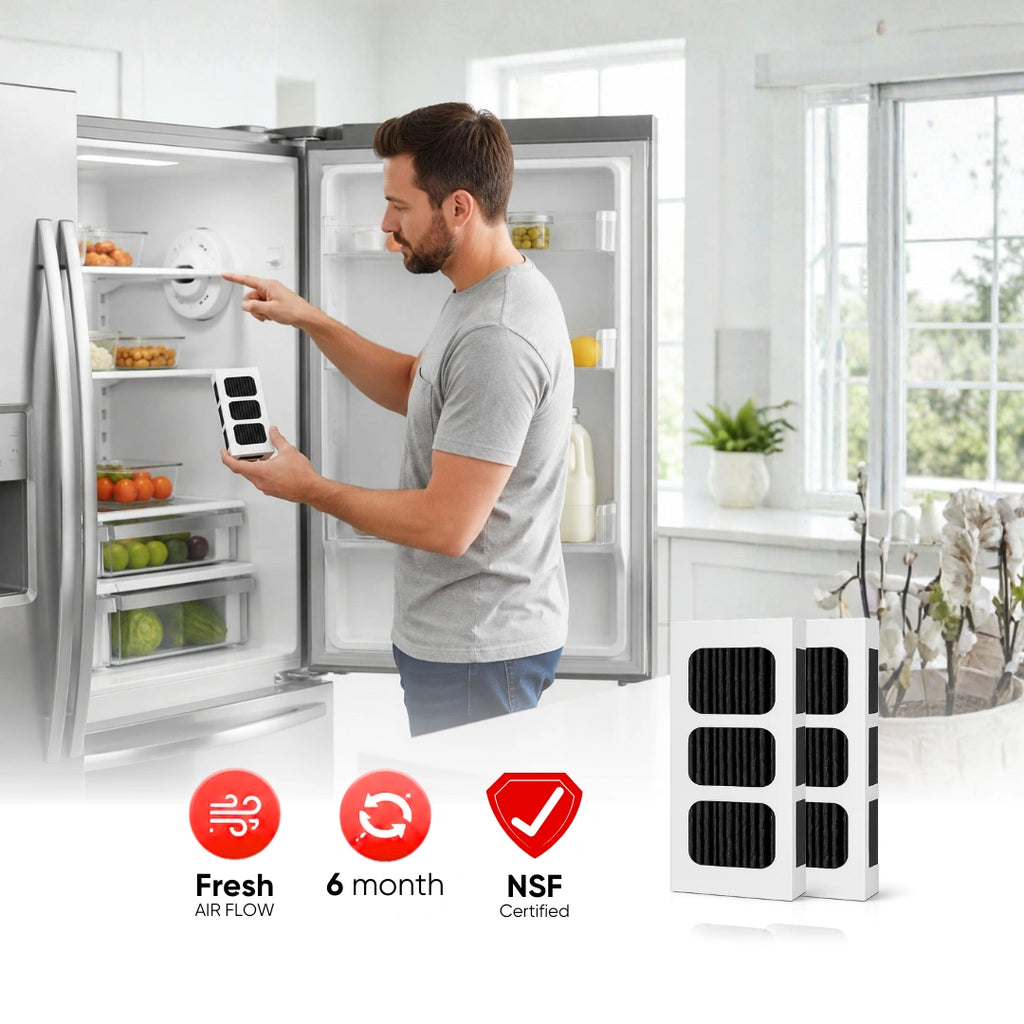 Man installing a PAULTRA2 refrigerator air filter in a Frigidaire FFTR1820VS fridge with fresh airflow, 6-month filter life, and NSF-certified feature icons.