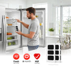 Man installing a PAULTRA2 refrigerator air filter in a Frigidaire FFTR1820VS fridge with fresh airflow, 6-month filter life, and NSF-certified feature icons.