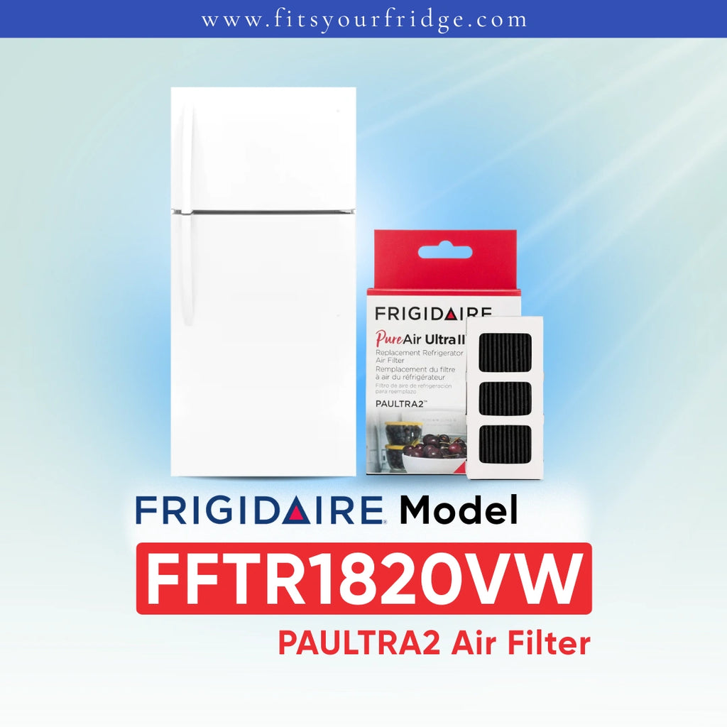 Frigidaire PAULTRA2 Air Filter (FFTR1820VW) shown next to a white refrigerator on a light blue gradient background with Frigidaire branding.