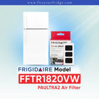 Frigidaire PAULTRA2 Air Filter (FFTR1820VW) shown next to a white refrigerator on a light blue gradient background with Frigidaire branding.