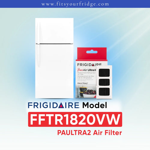 Frigidaire PAULTRA2 Air Filter (FFTR1820VW) shown next to a white refrigerator on a light blue gradient background with Frigidaire branding.