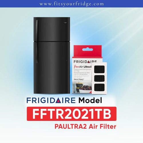 Frigidaire PAULTRA2 Air Filter (FFTR2021TB) shown next to a white refrigerator on a light blue gradient background with Frigidaire branding.