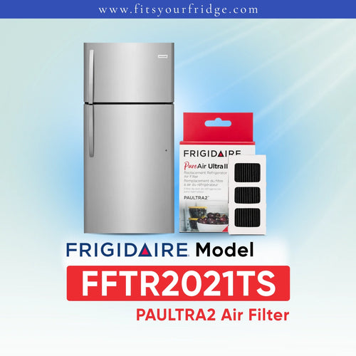 
Frigidaire PAULTRA2 Air Filter FFTR2021TS shown next to a white refrigerator on a light blue gradient background with Frigidaire branding.