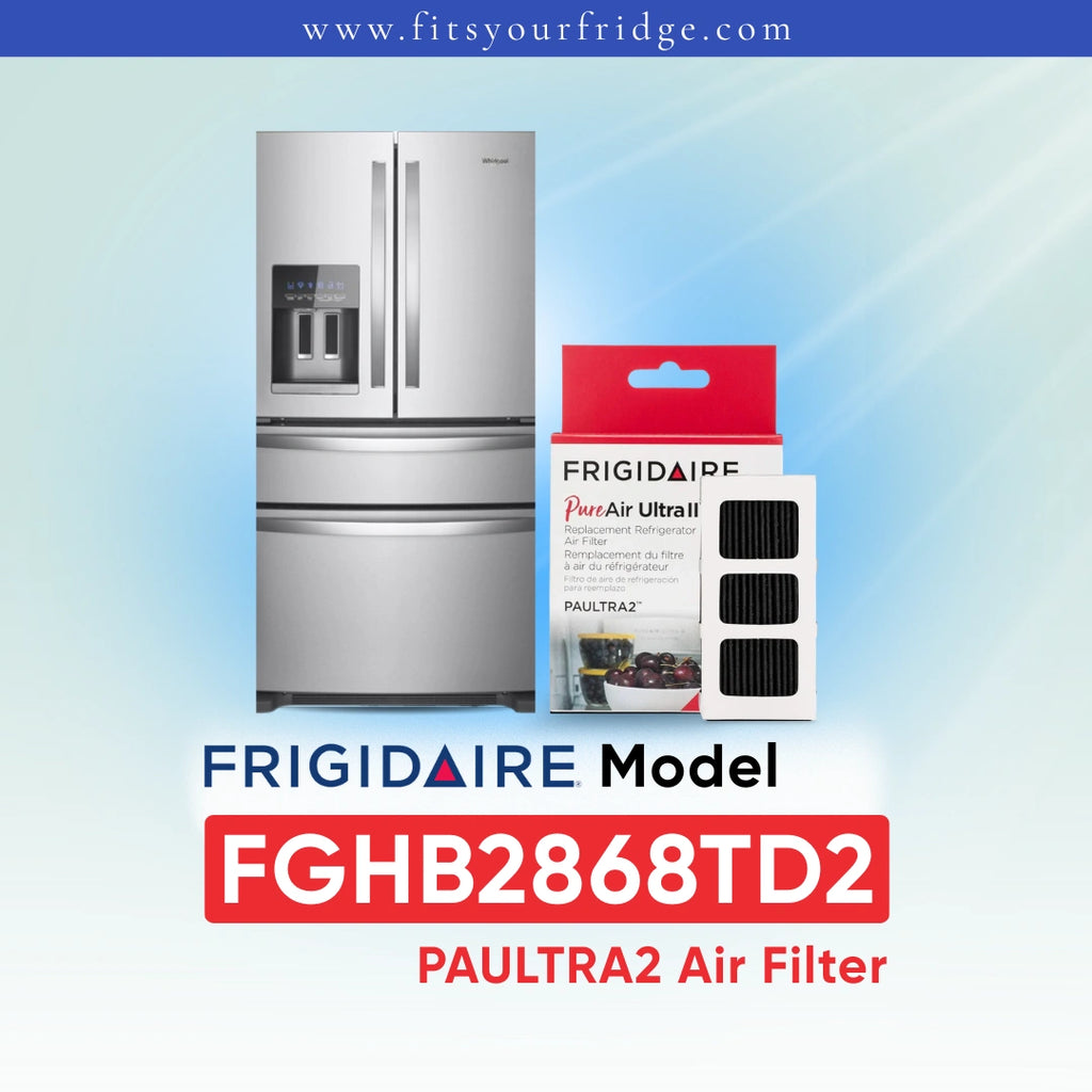 Frigidaire PAULTRA2 Air Filter FGHB2868TD2 shown next to a white refrigerator on a light blue gradient background with Frigidaire branding.